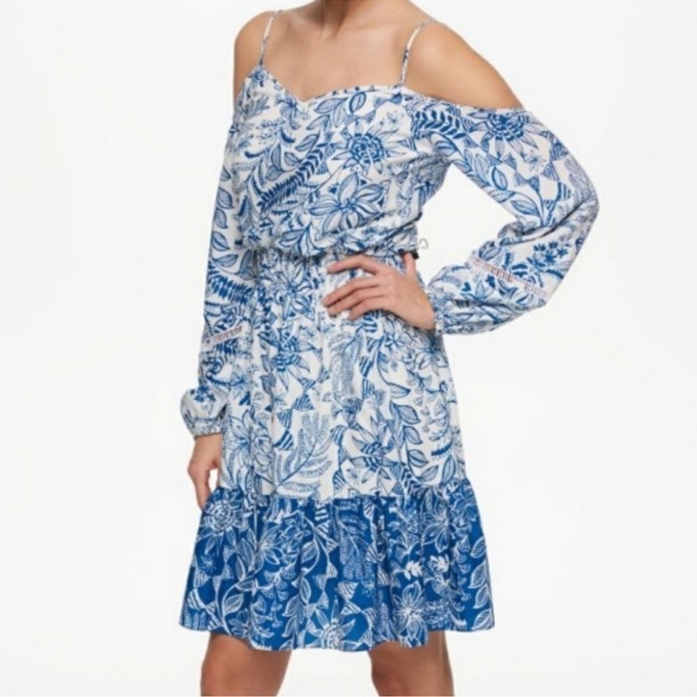 Eliza J Blue White Floral Cold Shoulder Dress Size 8